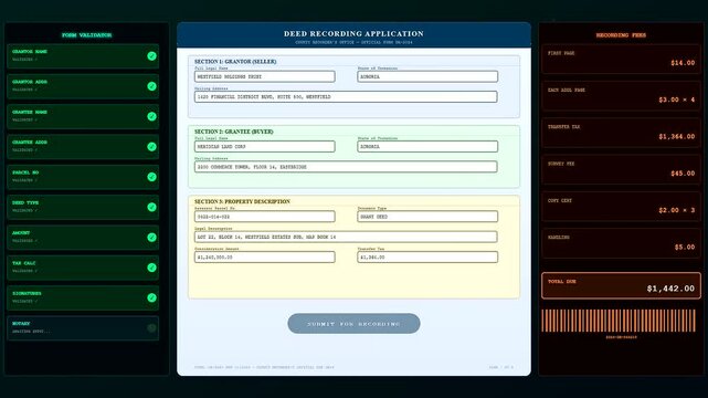Three sequential frames depicting a deed organization workflow process where digital legal forms are filled out with official property records and calculated financial transaction recording fees