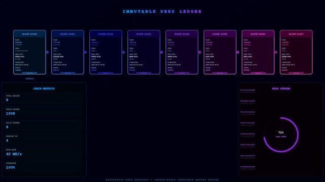 A digital deed organization interface displays sequential blocks forming a growing chain structure with fluctuating numerical data metrics and abstract circular progress indicators in dark lighting