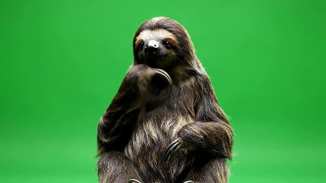 Close-Up View Of A Sloth With Lush Fur Texture Against A Vivid Green Background For Video Overlay And Visual Effects