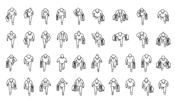 CAD top view shopper silhouette collection with people carrying shopping bags walking and standing vector icons