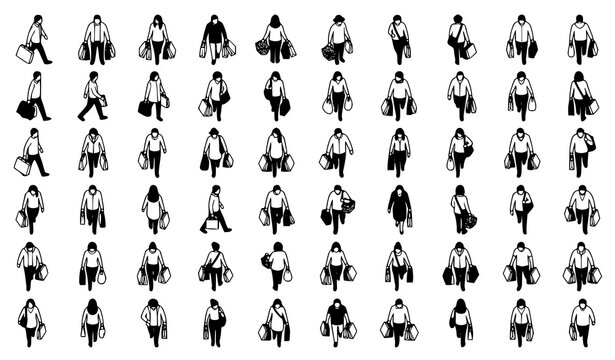 Premium top view shopping people CAD vector pack with walking and standing figures carrying bags