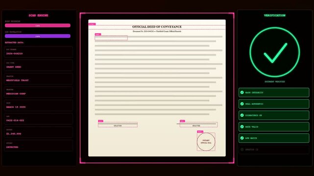 a seamless digital deed oganization process displays automated document scanning verification and system extraction sequences shown in a sequence of modern glowing interface monitoring screens