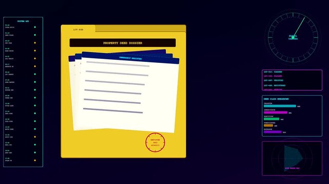 Digital deed organization is visualized through a sequence of folder interface updates displaying complex chart graphs and status indicators on a dark glowing monitor screen