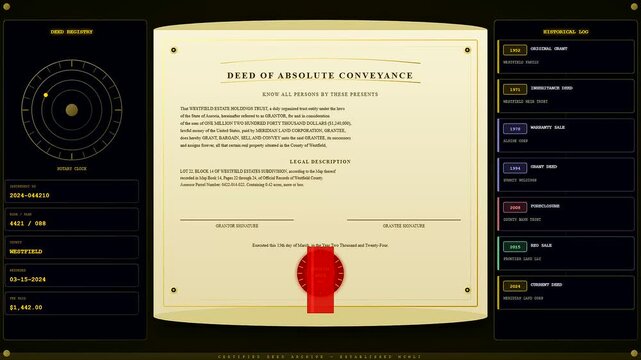 Deed oganization involves a professional interface displaying multiple legal documents and historical records within a complex software system designed for managing official property and land titles