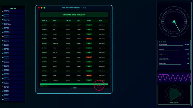 Deed organization interface displaying complex property records on a dark monitor screen while glowing neon graphical elements shift and update in real time movement