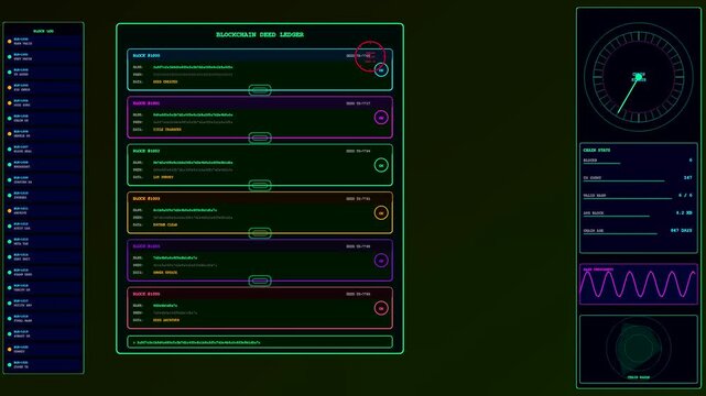 Deed oganization interface animation displaying digital information flow with scrolling text lines plus circular gauges showing network performance metrics in a dark green virtual terminal