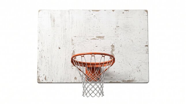 Vintage wooden basketball backboard with orange rim with against plain background distressed white wooden professional competition sportswear
