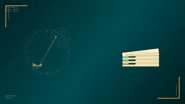 Deed oganization processes showing a digital gauge pointer moving across a round interface with stacks of paper files shifting into place on dark teal grid