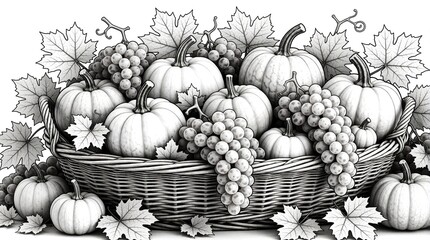 Obraz premium Basket overflows with pumpkins grapes leaves creating fall harvest scene. Outline drawing invites coloring for fun relaxation activity suitable for all ages.