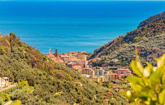  Aerial panoramic view of Noli, Liguria, province of Savona, Italy. Riviera dei Fiori. Fishermen's Beach. Maritime Republic