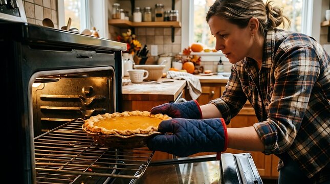 Woman placing a pumpkin pie into a warm oven for baking