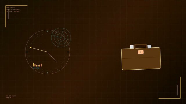 Digital deed oganization process with a virtual radar interface tracking a brown briefcase floating across a dark brown grid layout in this smooth motion animation