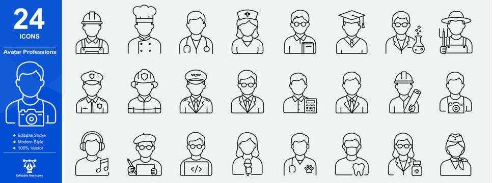 Line style avatar professions web icons. Doctor, policeman, business man, chef, fireman, nurse, collection