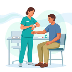 Obraz premium Nurse checking patient's pulse or blood sugar with smartwatch in a modern clinic, vector illustration.