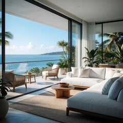Obraz premium Bright modern living room opens to balcony with ocean view. White sectional sofa and chairs invite relaxation. Tropical plants surround seating area. Sunlight streams in.