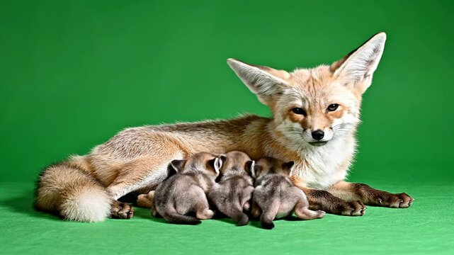 Fennec Fox Resting with Four Playful Kits Against Vivid Green Background in Nurturing Family Scene