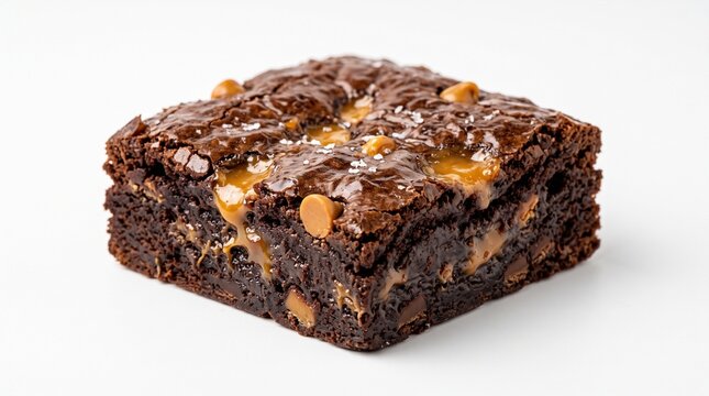 Fresh decadent chocolate brownie square featuring melted caramel swirls and chocolate chips on white background with displays rich chocolate