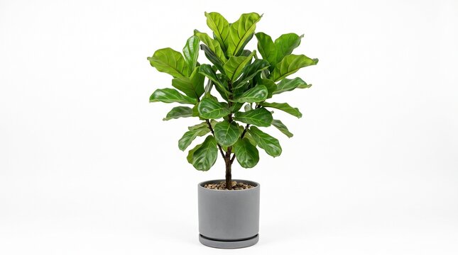 Green indoor fiddle leaf fig plant in grey pot isolated on white background with displays glossy green houseplant vegetation decorating relaxation