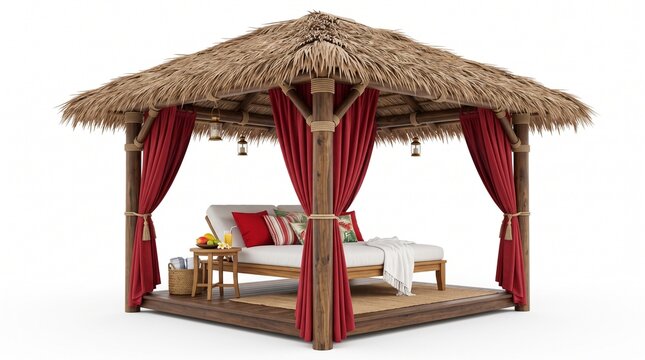 Luxurious tropical thatch roof gazebo with red curtains with curtains daybed relaxation furniture vacation paradise interior holiday comfort