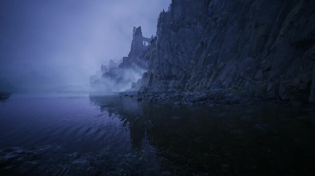 silhouette of cliffs against foggy sea noir tone with high contrast shadow lines and restless surf creating cinematic tension and moody atmosphere