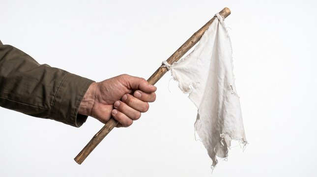 Hand holding worn white flag symbolizing surrender with stick tattered