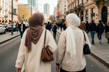 Obraz premium Two Muslim women in hijabs walk down a busy city street, enjoying a day out together. They wear modest fashionable clothing and carry handbags, blending modern style with cultural tradition.