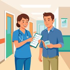 Fototapeta premium Nurse explains medical chart to patient in hospital hallway, vector illustration.