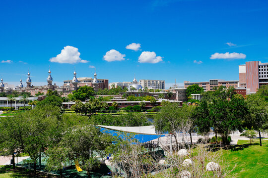 Tampa, Florida USA - Jan 03, 2024: Tampa Hillsborough riverwalk, downtown and University of Tampa landscape
