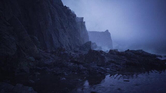 moody coastal cliffs shrouded in mist, jagged basalt faces reflecting dim light, rocky shoreline strewn with wet stones, silent surf lapping shallow pools,