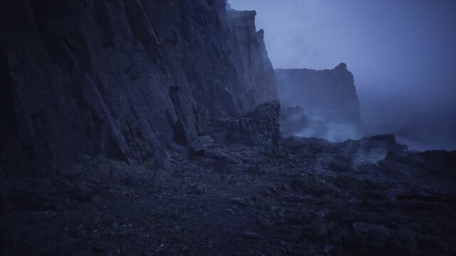 moody cliffside coastline at night, sharp basalt cliffs rising from pebble strewn shore, dense fog rolling in from ocean, deep blue tones and grainy texture