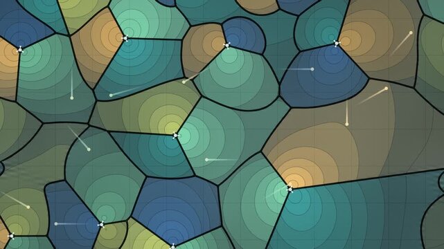 Cellular Coverage Prediction Map With Three-Sector Base Stations and Handover Trails, Seamless Loop in soft teal tones