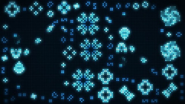 Cellular automaton pixel grid with Game of Life gliders and blinking oscillators, seamless loop in calm cyan tones