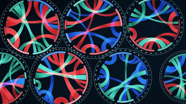 Abstract Chord Diagram Rings With Pulsing Connection Ribbons Data Visualization Seamless Loop in calm blue tones