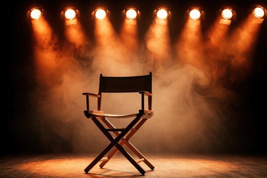 Director chair sits empty on stage floor beneath orange spotlights. Smoke fills air creating dramatic mood for film production or theater performance. Wood seat and beams contrast dark background.