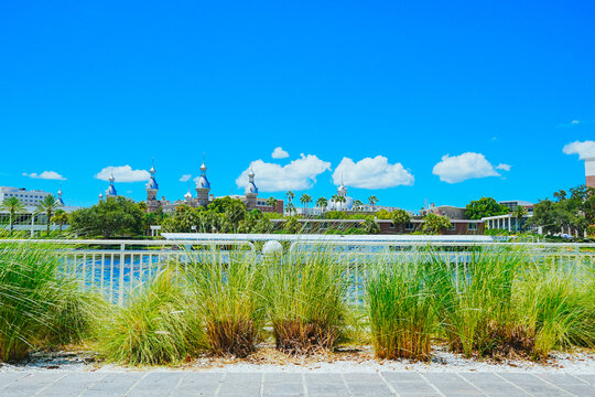 Tampa, Florida USA - Jan 03, 2024: Tampa Hillsborough riverwalk, downtown and University of Tampa landscape