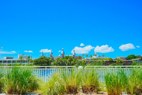 Tampa, Florida USA - Jan 03, 2024: Tampa Hillsborough riverwalk, downtown and University of Tampa landscape