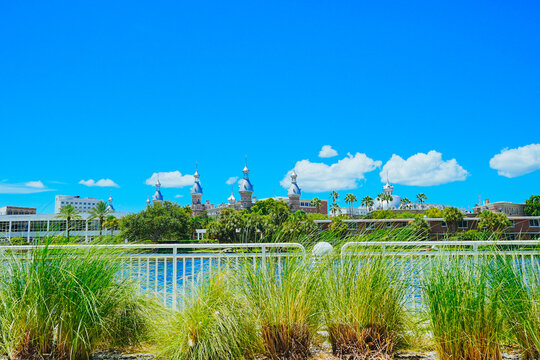 Tampa, Florida USA - Jan 03, 2024: Tampa Hillsborough riverwalk, downtown and University of Tampa landscape