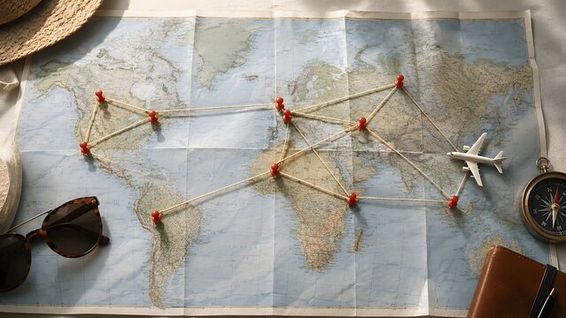 Vintage world map with connected location pins toy airplane and compass representing travel planning vacation and global exploration