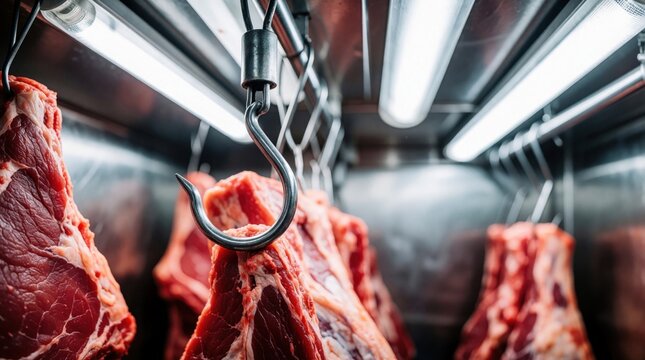 Raw beef hangs on metal hooks inside refrigerated butcher shop cooler. Meat cuts are stored ready for sale. Cold storage and food preparation.