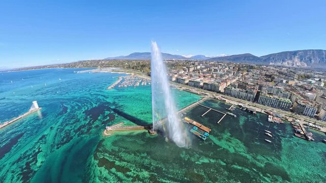 Aerial Drone Flight Over Geneva in Spring with Lake, Mont Blanc and Jet d'Eau &ndash; 4K
