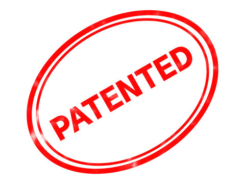Red patented stamp icon, oval rubber seal for intellectual property, glossy red patent mark for legal and business documents