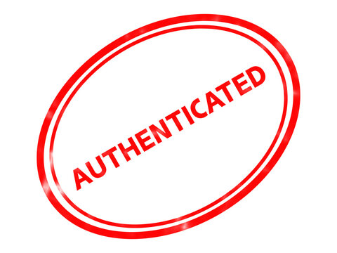 Authenticated red rubber stamp icon. Oval verification seal for document validation. Red authenticated mark for business security and official approval.