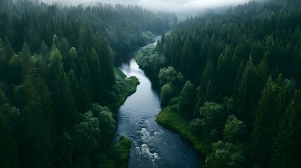Fototapeta premium Aerial drone view of a meandering river through a dense pine forest under overcast light