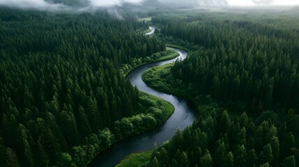 Fototapeta premium Aerial drone view of a meandering river through a dense pine forest under overcast light