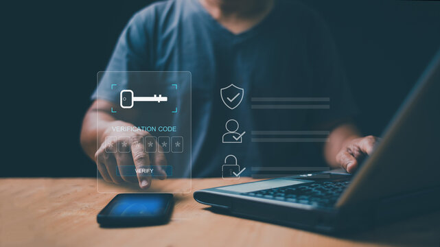 Two-factor authentication and account security concept. Person enters verification code on smartphone with digital key and shield. Secure login, identity verification, privacy and data protection.