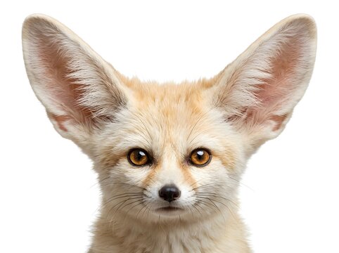 Close-up portrait of adorable fennec fox with large ears and curious expression on white background