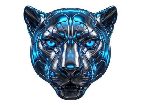 3D chrome panther head futuristic metallic cyber predator digital art sculpture isolated