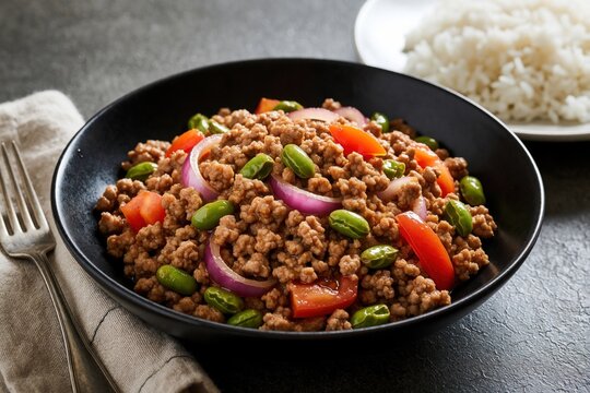 Minced pork stir-fry with green beans red onions and tomatoes served in black bowl. Tasty meal with white rice on side. Close-up view of asian cuisine.