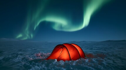 Fototapeta premium Glowing tent in snow covered tundra under aurora borealis
