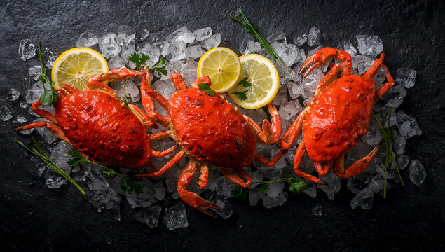 Fresh Cooked Red Crabs Served on Ice with Lemon and Herbs on Dark Background
